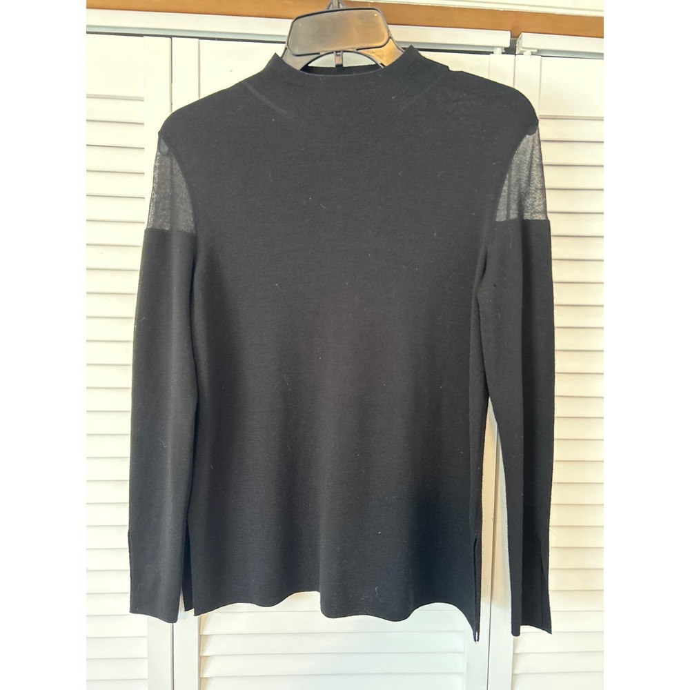 LAFAYETTE 148 NEW YORK Petite Black Mock Neck Sheer Sleeve Sweater Top S‎ Wool